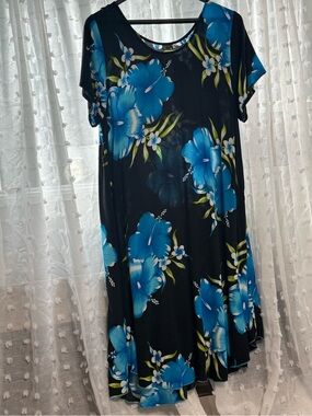 Aloha Fashions Black Dress with Bold Blue Floral Print XL HAWAIIAN, TROPICAL